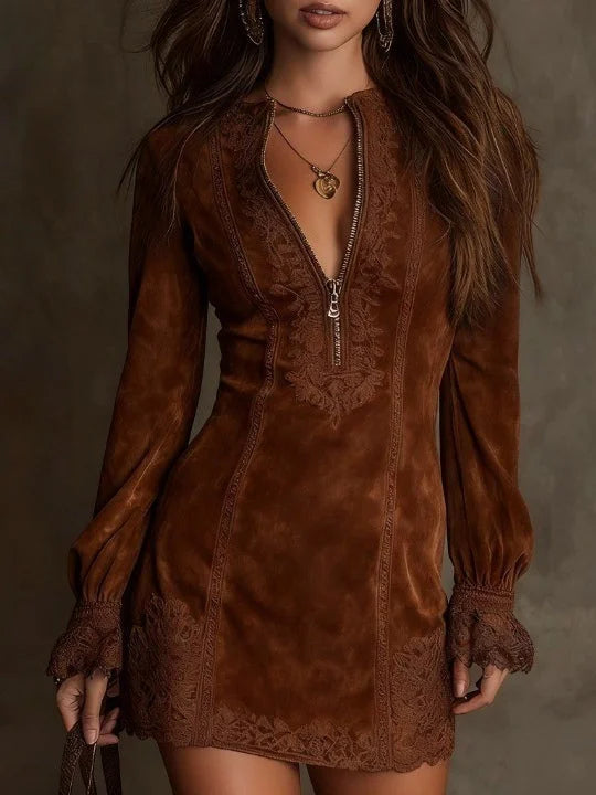 Lunori™ | Aurora Suede Mini Dress with Lace